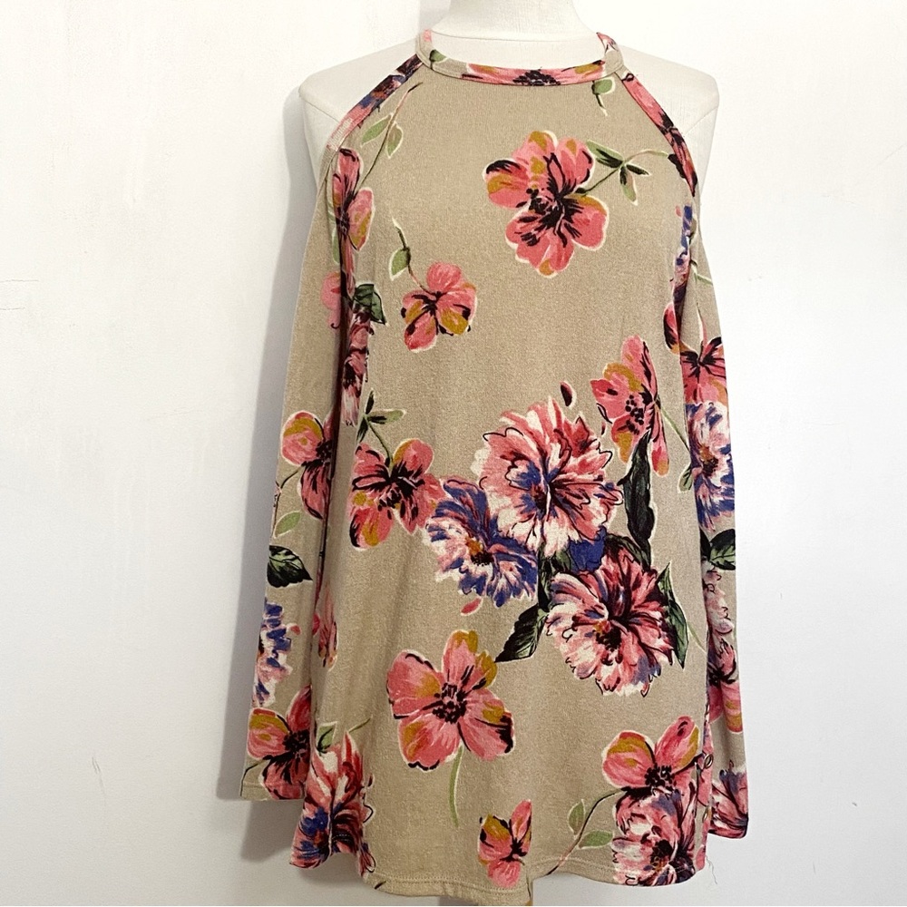MTS sweater knit floral high neck cold shoulder sweater polyester knit L